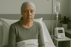 Serious middle-aged woman looking at camera, representing women affected by mesothelioma and asbestos exposure