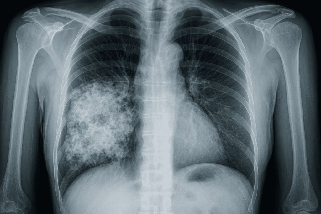 Middle-aged man coughing, showing symptoms of asbestos-related lung cancer from occupational exposure