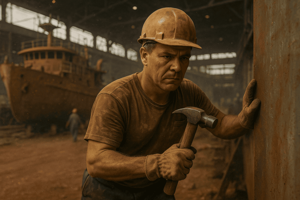 Shipbuilder working on ship hull with asbestos insulation materials in shipyard construction environment