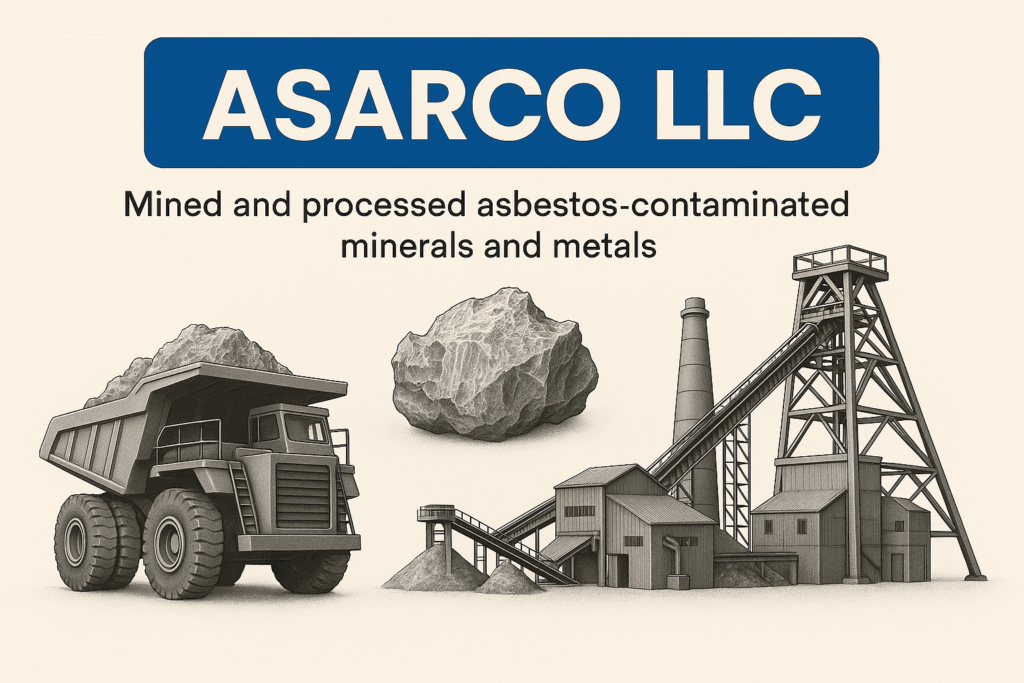 Illustration showing mining truck, asbestos-contaminated rock, and mining facilities representing asbestos exposure risks related to asbestos-contaminated mineral and metal processing by ASARCO LLC.