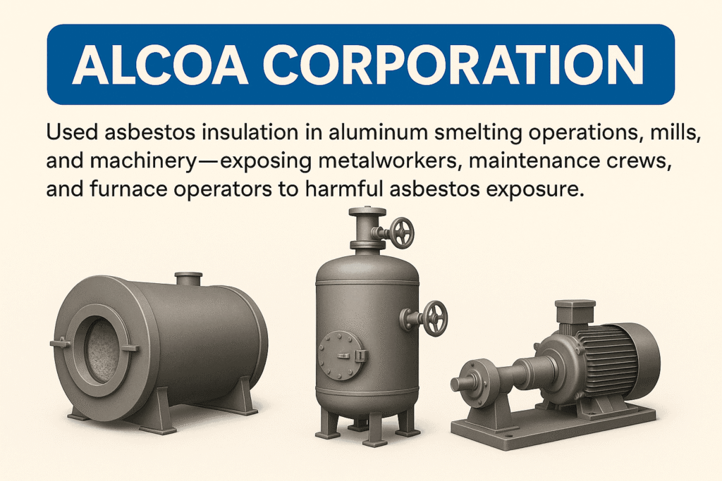 Illustration showing industrial insulation equipment including a furnace, pressure vessel, and motor representing asbestos exposure risks related to Alcoa Corporation’s aluminum smelting operations.