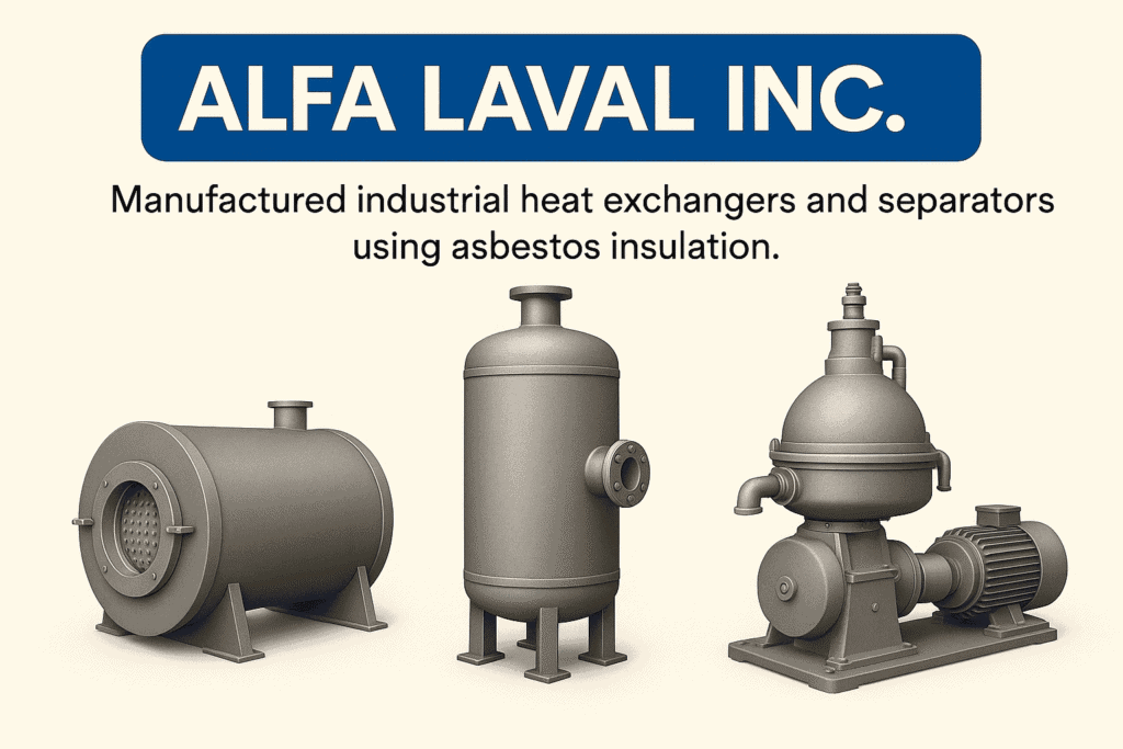 Illustration depicting industrial heat exchangers and separators, highlighting asbestos exposure risks related to Alfa Laval Inc.’s manufacturing and use of asbestos insulation.