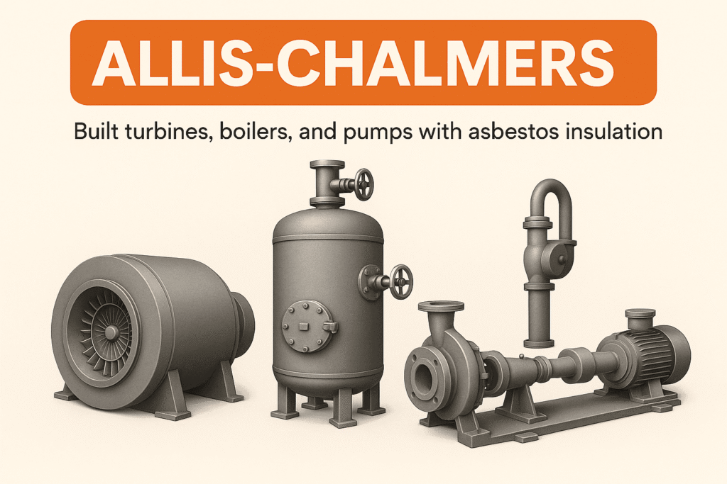 Illustration showing industrial turbines, boilers, and pumps insulated with asbestos, representing asbestos exposure risks related to Allis-Chalmers’ manufacturing of heavy machinery components.