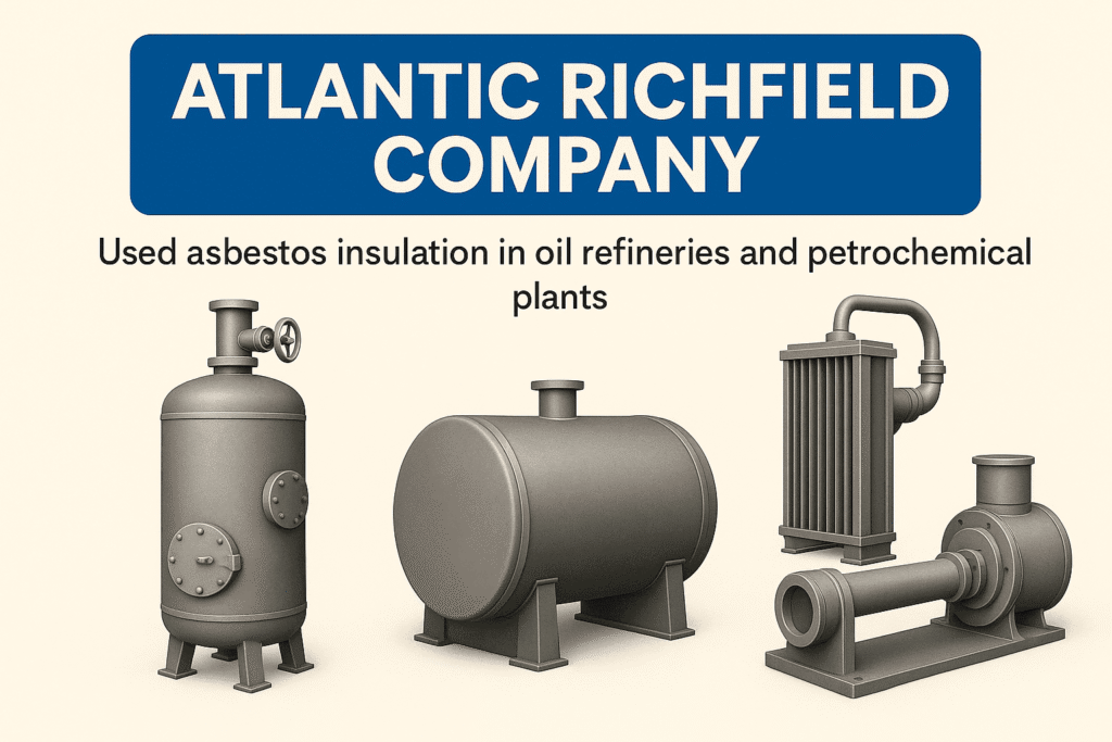 Illustration showing industrial boilers, storage tanks, heat exchangers, and pumps representing asbestos exposure risks related to insulation used in oil refineries and petrochemical plants by Atlantic Richfield Company.