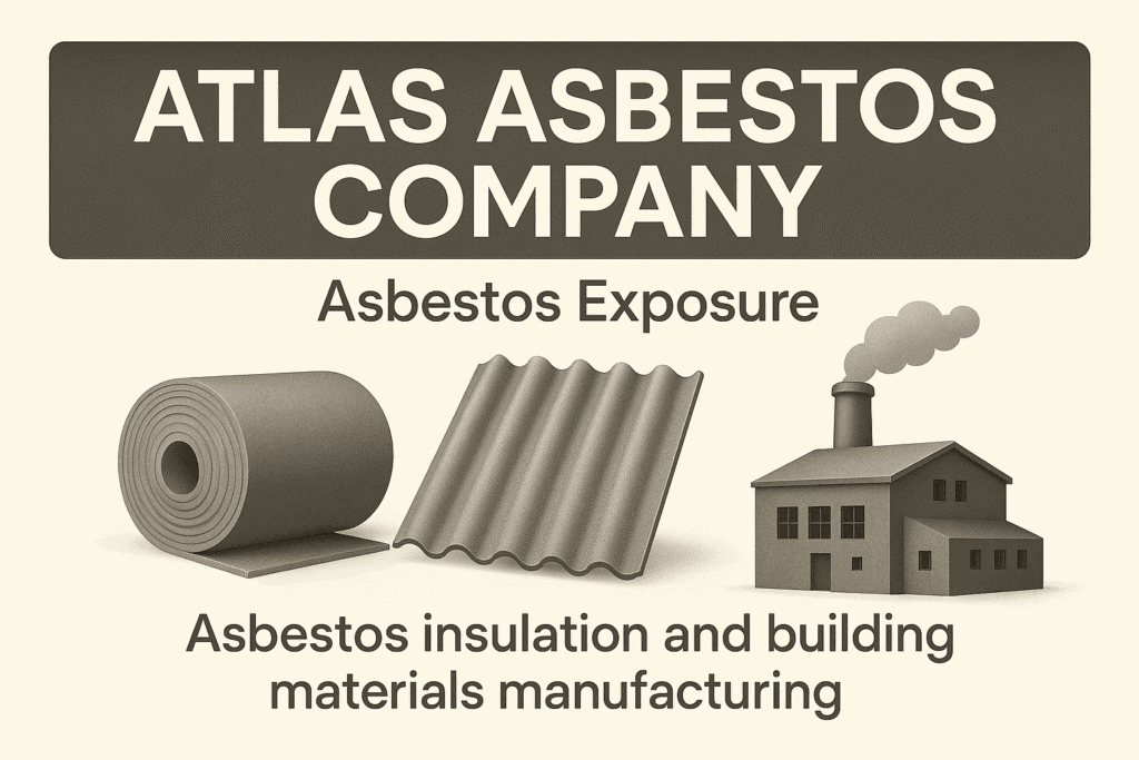Illustration showing a roll of asbestos insulation, corrugated asbestos roofing material, and an industrial building with smoke, representing asbestos exposure risks related to insulation and building materials manufacturing by Atlas Asbestos Company.