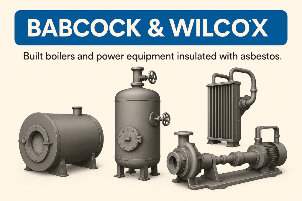 Illustration showing boilers, power equipment, and heat exchangers representing asbestos insulation used by Babcock & Wilcox in manufacturing.