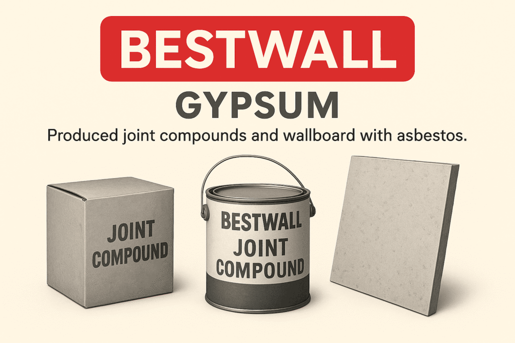 Illustration showing joint compound boxes, paint cans labeled Bestwall joint compound, and wallboard representing asbestos exposure risks from Bestwall Gypsum’s production of joint compounds and wallboard containing asbestos.