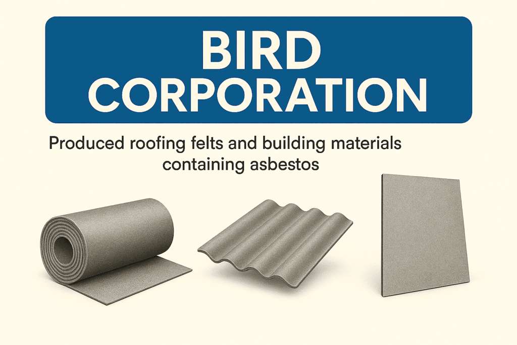 Illustration showing roofing felts, corrugated roofing sheets, and building panels representing asbestos exposure risks related to roofing felts and building materials produced by Bird Corporation.