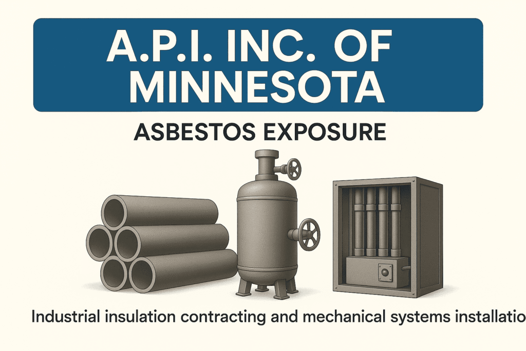 Illustration showing industrial pipes, a mechanical pressure vessel, and an insulated electrical unit representing asbestos exposure risks related to industrial insulation contracting and mechanical systems installation by API Inc. of Minnesota.