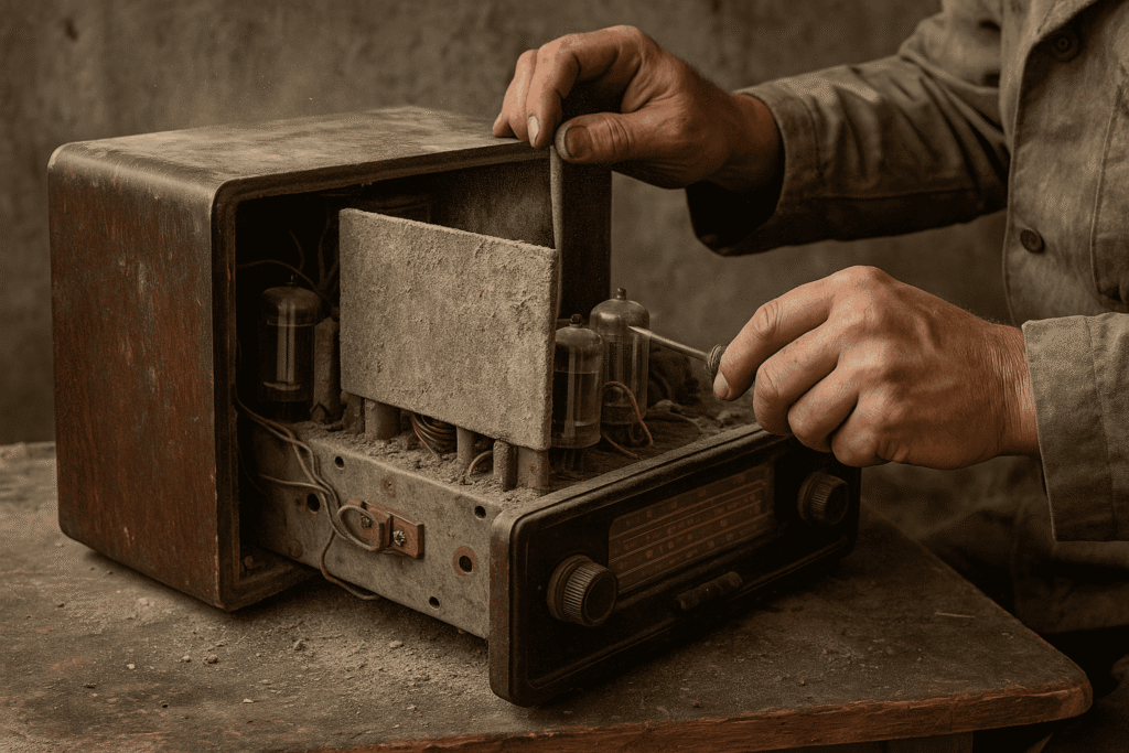 Worker wearing gloves holding a crumbling asbestos-containing paper product near an electrical box, with dust particles visible in the air.