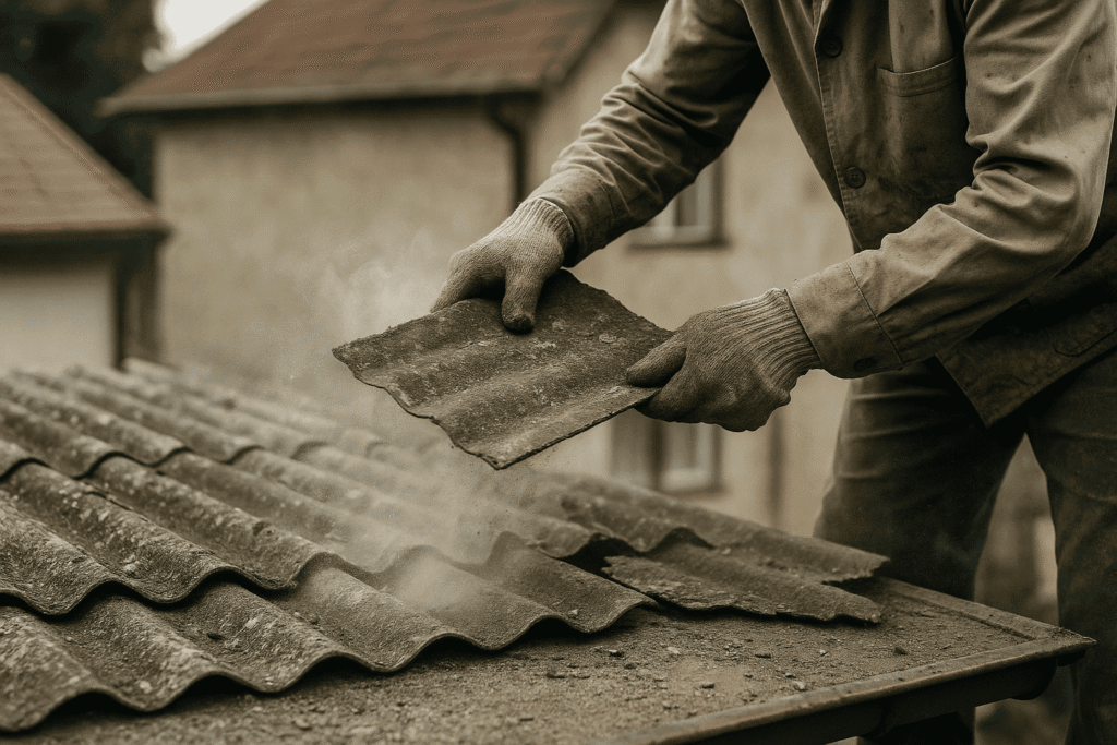 Worker wearing gloves handling a corrugated roofing sheet, releasing asbestos dust particles into the air.