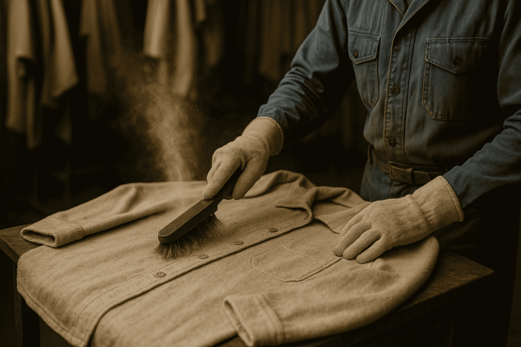 Worker wearing gloves brushing asbestos dust off a textile work shirt, releasing dust particles into the air.