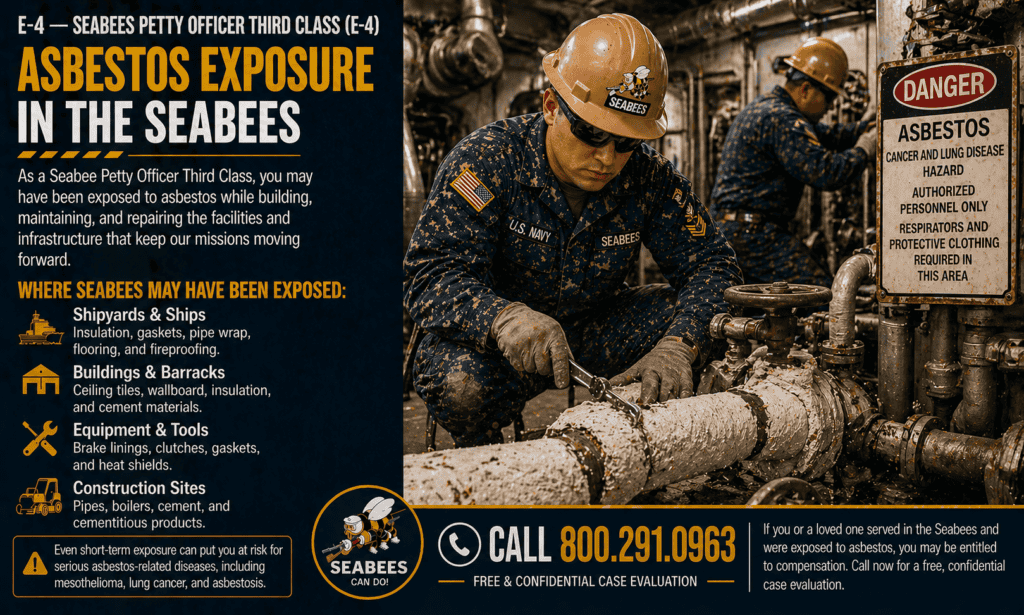 E-4 – Seabees Petty Officer Third Class (PO3) Asbestos Exposure Mesothelioma Lawsuit